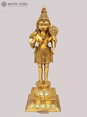 24" Brass Blessing Hanuman Idol Standing on a Tall Lotus Pedestal | Handmade Fine Quality Statue