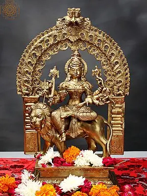 18" Ashtabhujadhari Devi Durga Seated Under A Striking Aureole | Handmade Bronze Statue