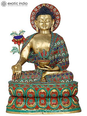 37" Myrobalan Buddha Inlayed Brass Statue | Indian Handcrafted Idol