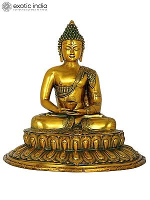 22" Dhyana Mudra Buddha Seated on Lotus Pedestal In Brass | Handmade | Made In India