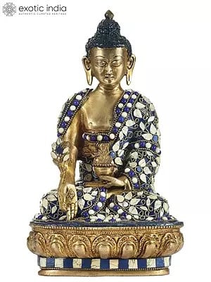 10" Medicine Lord Buddha Inlay Statue | Indian Handcrafted Brass Idol