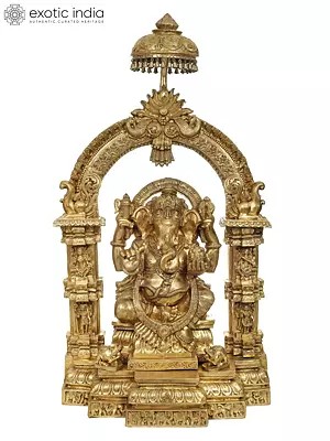 84" Large Lord Ganesha with a Traditional Prabhavali and Parasol Atop | Handmade Brass Statue