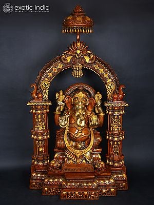 84" Large Lord Ganesha with a Traditional Prabhavali and Parasol Atop | Handmade Brass Statue