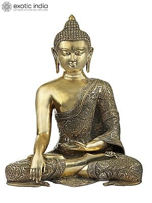 18" Simple Seated Buddha in Richly Engraved Robe | Handmade Brass Statue