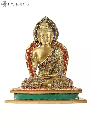 7" Blessing Lord Buddha Brass Idol with Inlay Work | Indian Handcrafted Statue