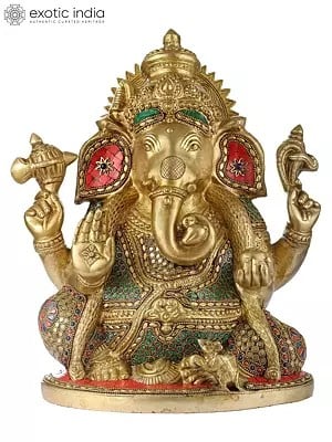 9" Four Armed Blessing Lord Ganesha (Inlay Stone Work) In Brass | Handmade | Made In India