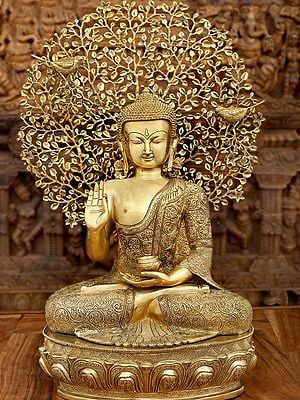 28" Seated Shut-Eyed Buddha Afore A Bodhi Tree Aureole | Handmade Brass Statue