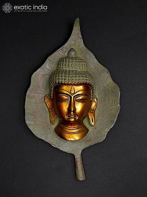 9" Buddha Head on Peepal Leaf Wall Hanging In Brass | Handmade | Made In India