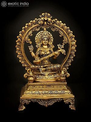 13" Seated Veenadhari Devi Saraswati On A High Plinth In Brass | Handmade | Made In India