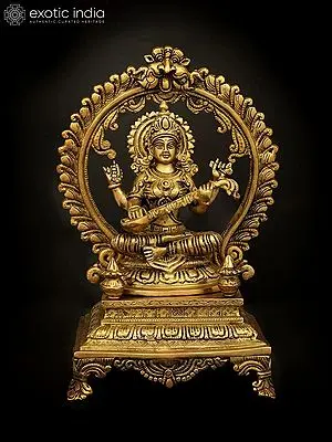 13" Brass Saraswati Statue Seated on a High Plinth | Handmade Spiritual Home Decor
