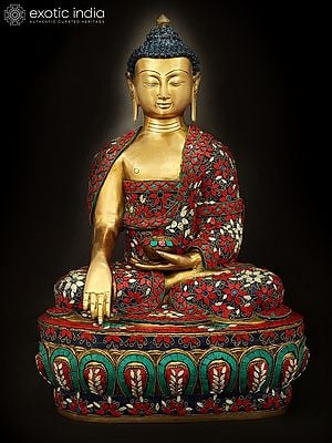 13" Robed Buddha, His Hand in Bhumisparsha Mudra | Handmade Inlay Brass Statue