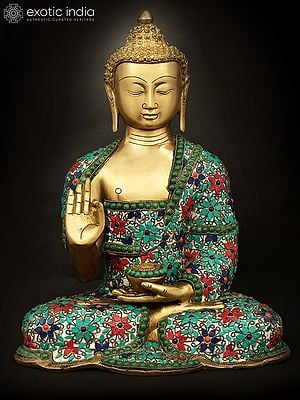 12" Shakyamuni Buddha With Floral Inlay Stone Work In Brass | Handmade | Made In India