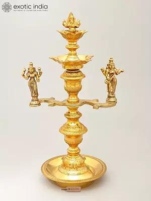 17" Ganesha-Lakshmi-Saraswati Lamp with A Sturdy, Engraved Stem | Handmade Brass Ritual Items