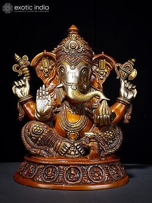 8" Blessing Ganesha Seated on Ashta-Ganesha Base In Brass | Handmade | Made In India