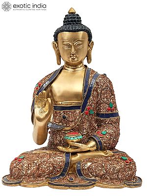 13" Gautam Buddha Preaching His Dharma With Inlay Work In Brass | Handmade | Made In India