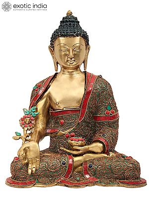 13" Medicine Buddha with Superfine Brass Statue with Inlay Work | Tibetan Buddhist Idols