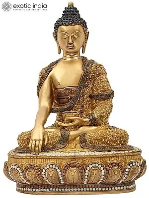 16" Lord Buddha in Bhumisparsha Mudra Brass Statue with Inlay Work