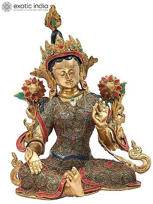 15" Green Tara with Superfine Colorful Inlay Work in Brass | Handmade Tibetan Buddhist Statue