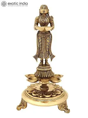 11" Designer Brass Deeplakshmi Lamp with Eight Wicks | Handmade | Made in India
