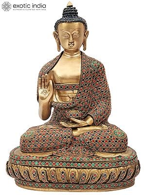 15" Blessing Lord Buddha With Colorful Inlay Work In Brass | Handmade | Made In India