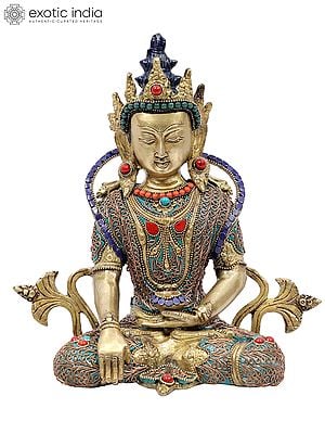 10" Crowned Buddha in Bhumisparsha Mudra | Brass Statue with Colorful Inlay Work