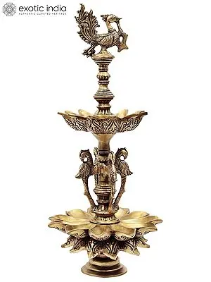 19" Beautifully Designed Twenty Two Wick Peacock Lamp In Brass | Handmade | Made In India