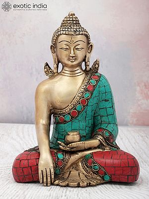 8" Bhumisparsha Lord Buddha With Colorful Inlay Work in Brass | Handmade | Made In India