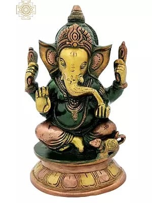 7" Small Blessing Ganesha Statue Seated on Pedestal in Brass