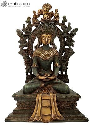 11" Crowned Buddha on Six-Ornament Throne In Brass | Handmade | Made In India