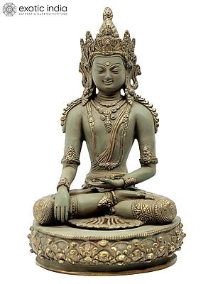 13" Crowned and Bedecked, Bhumisparsha Shut-Eyed Buddha in Brass | Indian Handcrafted Idol