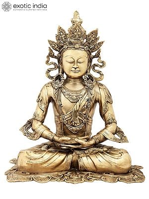 27" Seated Buddha with Five-Spired Crown in Brass | Indian Handcrafted Idol