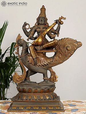 28" Gold-And-Charcoal Devi Saraswati in Brass