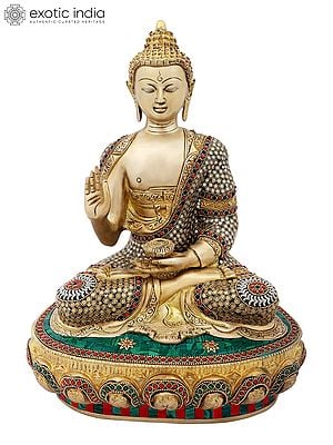 16" Preaching Buddha with Colorful Inlay Work in Brass | Handmade | Made In India