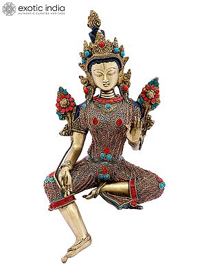 13" Superfine Tibetan Buddhist Green Tara with Colorful Inlay Work and Copper Wire | Handmade Brass Statue