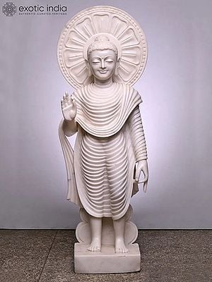 40" Large Tibetan Buddhist Standing Lord Buddha | Handmade | Marble Buddha Statue | Blessing Standing Buddha