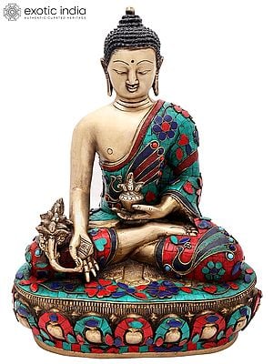 13" Tibetan Buddhist Healing Buddha | Medicine Buddha | Inlay Work | Brass Statue | Handmade | Made In India