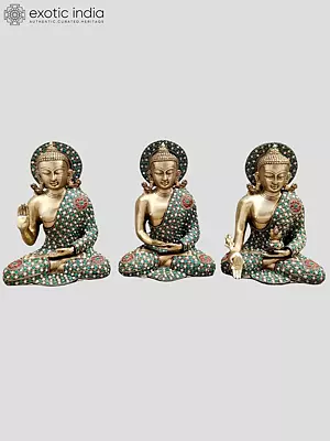10" Tibetan Buddhist Deities Set of Three Buddhas | Inlay Work | Brass Statue | Handmade | Made In India