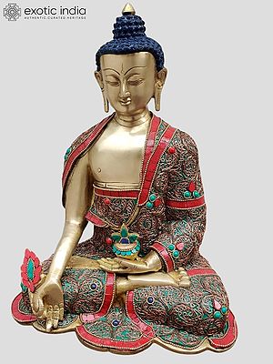 13" Tibetan Buddhist Healing Buddha | Medicine Buddha | Inlay Work | Brass Statue | Handmade | Made In India