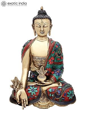 13" Tibetan Buddhist Healing Buddha | Medicine Buddha | Inlay Work | Brass Statue | Handmade | Made In India