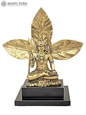11” Brass Mahadev Shiva Idol in Ashirwad Mudra Sitting Background of a Bel/ Bilva Leaf
