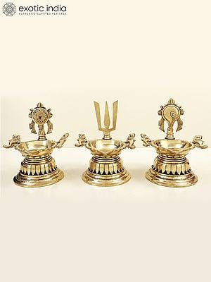 9" Superfine Vaishnava Symbols (Conch, Chakra and Tilak) Wick Lamp | Set of Three Wick Lamp | Brass Lamp | Handmade | Made In India