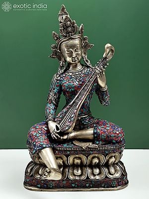 22" Nepalese form of Saraswati Brass Idol with Inlay Work | Indian Handcrafted Idol