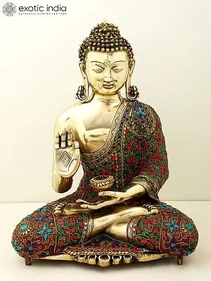 Brass Gautama Buddha Statue - 20" Preaching Mudra with Decorative Inlay
