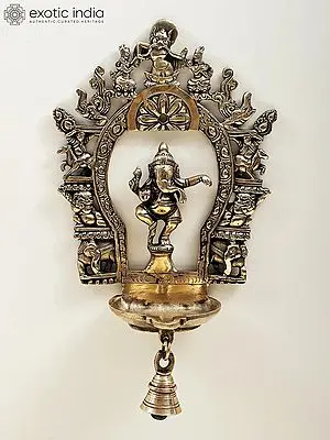 12" Brass Dancing Ganesha Frame Diya with Bell | Handmade