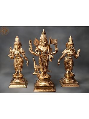 18" Karttikeya with Devasena and Valli (Murugan) Bronze Set