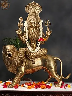 Goddess Mariamman Durga Brass Sculpture - 38" South Indian Deity