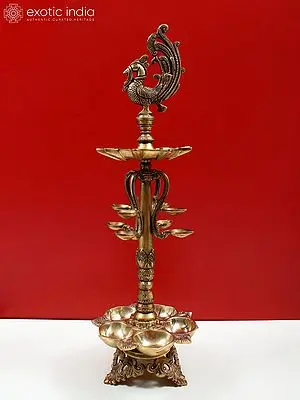 Ornate Brass Annam Peacock Oil Lamp