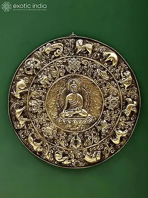 Brass Wall Hanging with Meditating Buddha, 12 Zodiac Animals, and 8 Auspicious Symbols