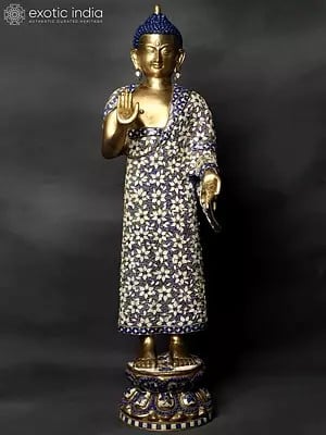 32" Large Standing Preaching Buddha Brass Idol with Inlay Work