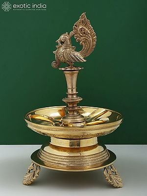 12" Brass Peacock Oil Diya with Five Wicks